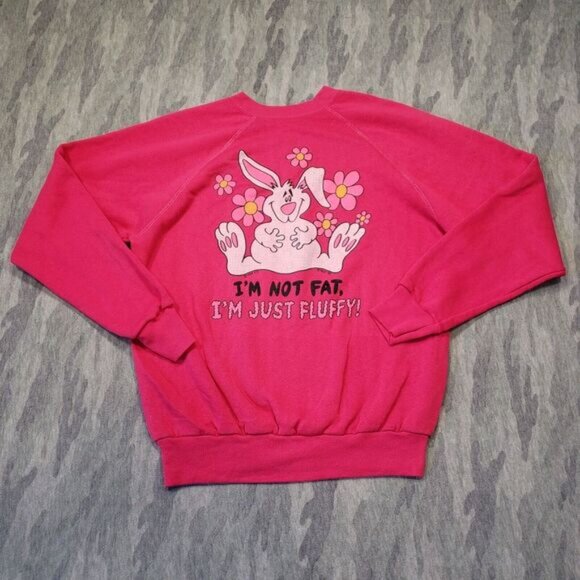 Vintage Tultex Sweatshirt Womens Large Pink Not Fat‎ Fluffly Bunny Print USA - Picture 2 of 13